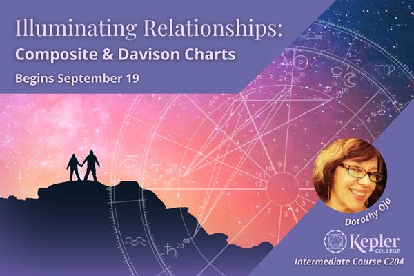 Two silhouettes of figures holfing hands on mountain top at sunset, stars and constellations, Davison relationship astrology chart, portrait of Dorothy Oja, Kepler College logo