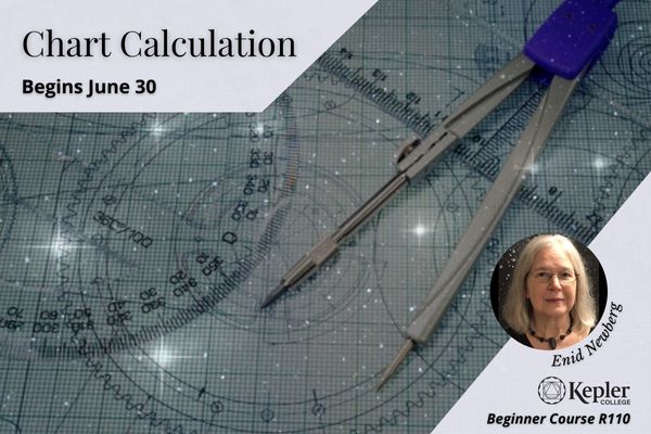 Compass and protractors on graph paper, charts drawn, overlaid with star field, portrait of Enid Newberg, Kepler College logo