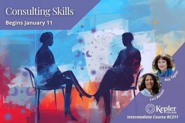 Abstract expressionist painting with bold brushstrokes of silhouettes of two people sitting in chairs facing each other in consulting session, portrait of Kay Taylor, Lori Barnes, Kepler College logo