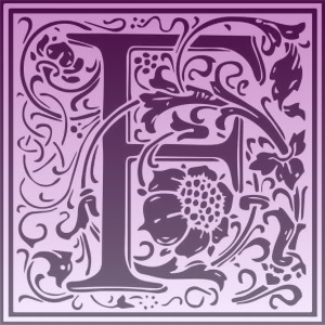 Medieval manuscript style ornate letter F with magenta fade