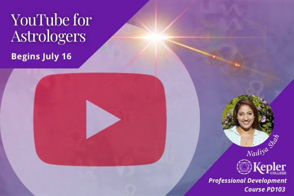 YouTube icon, play button arrow inset in red, inscribed in circle with gleaming star at edge, faint zodiac glyphs in background, portrait of Nadiya Shah, Kepler College logo