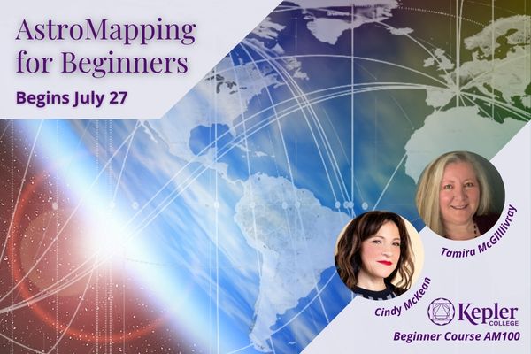 Earth from space, sun rising on horizon edge, continents with panetary lines, portraits of Cindy McKean and Tamira McGillivray, Kepler College logo
