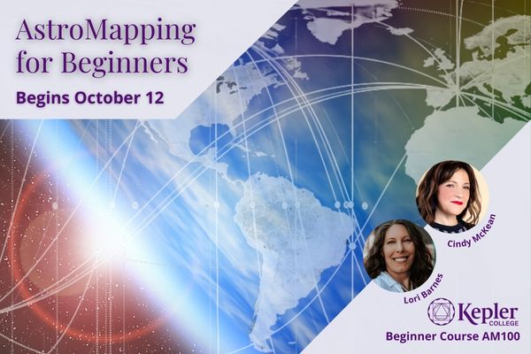 Edge of Earth from space, sun with light flare halo rising on horizon, astromapping planetary lines and continents, portraits of Cindy McKean and Tamira McGillivray, Kepler College logo