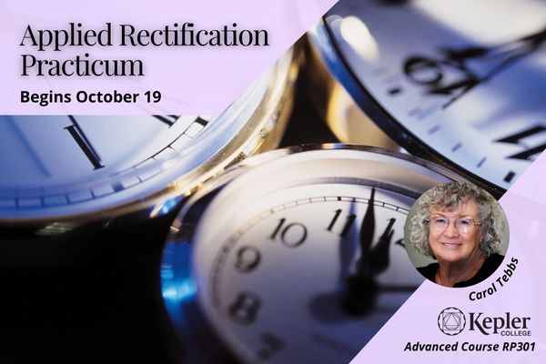 Photograph of analog clocks with black and white faces, hands showing different times, silver reflective bevels, portrait of Carol Tebbs, Kepler College logo