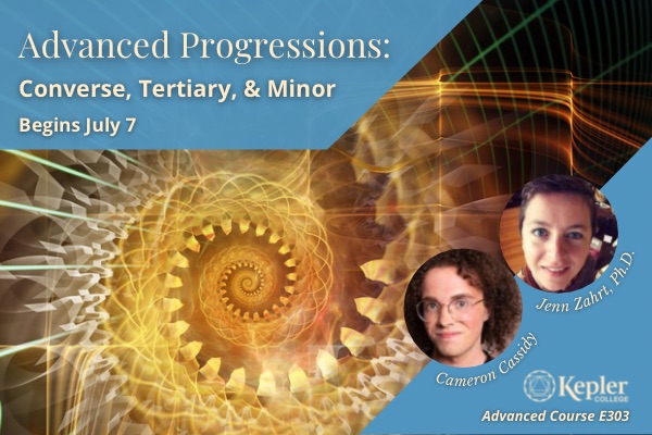 Golden spiraling fractal, portraits of Jenn Zahrt, PhD, and Cameron Cassidy, Kepler College logo