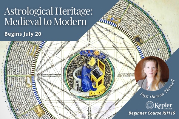 Late Medieval manuscript, chart showing planetary aspects inscribed inside of astrology chart, with painted zodiac symbols and Latin script, figure in center at desk, an astrologer contemplating the heavens, sun with face shining down on him, portrait of Inga Thornell, kepler College logo