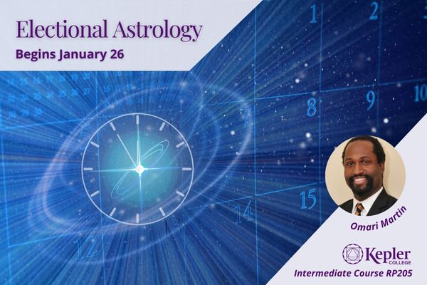 Calendar in deep blue colored space, clock face on particular date square, circled with ethereal 3d lines, space time emanating from this date, portrait of Omari Martin, Kepler College logo