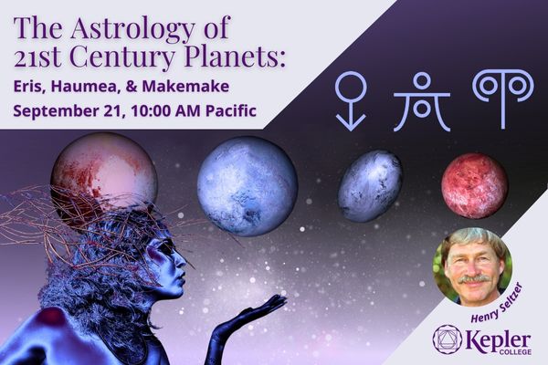 Dark goddess holding out hand, kuiper belt object "dwarf planets" lined up, in order, Pluto, Eris, Haumea, Makemake, with accompanying astrology glyphs, portrait of Henry Seltzer, Kepler College logo