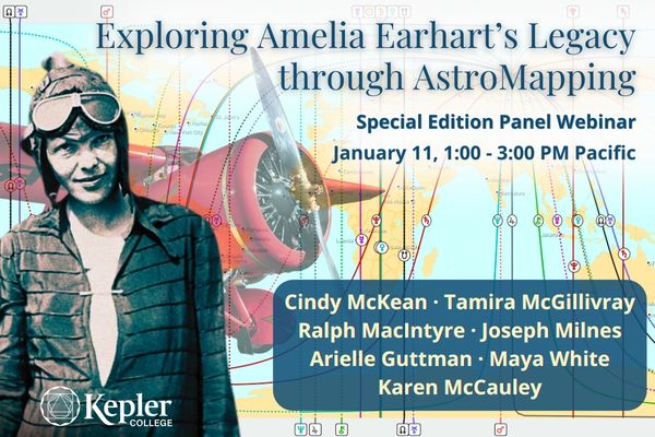 Photograph of Amelia Earhart wearing aviator goggles, Lockheed Electra 10-E airplane flying in the background, overlaid on astrocartography map with continents and planetary lines and glyphs, list of panelists, including Cindy McKean, Tamira McGillivray, Ralph MacIntyre, Joseph Milnes, Arielle Guttman, Maya White, Karen McCauley, Kepler College logo