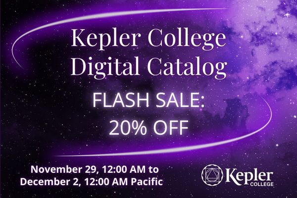 Black starry sky fading to purple, with clouds, purple glowing digital swooshes, Kepler College logo