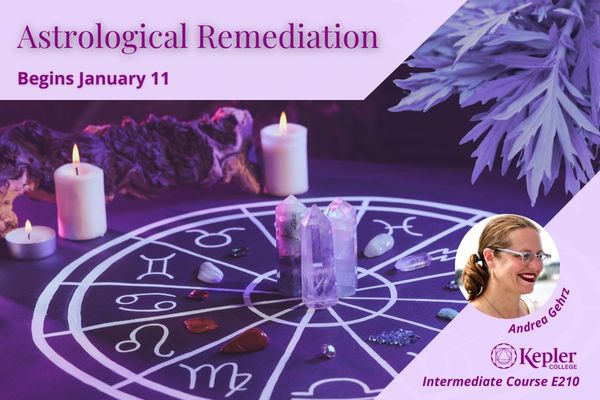 Lit candles, gemstones, crystals, herbs around zodiac wheel, shades of purple, portrait of Andrea Gehrz, Kepler College logo