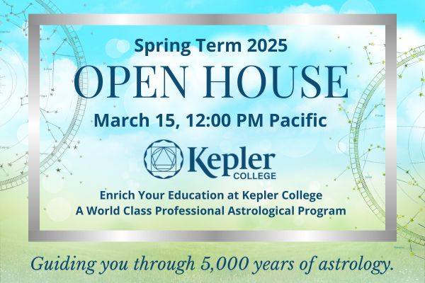 Spring landscape with new green grass, parting clouds andd blue sky, shiny silver frame, Open House Invitation, Kepler College logo