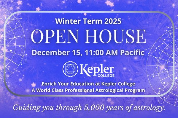 Frost pattern on blue and purple background, snowflake stars, open house invitation, Kepler College logo