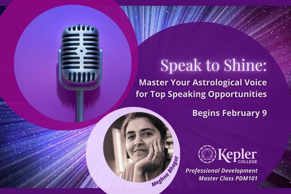 Starburst with different shades of purple circles, microphone, portrait of Meghna Bhagat, Kepler College logo