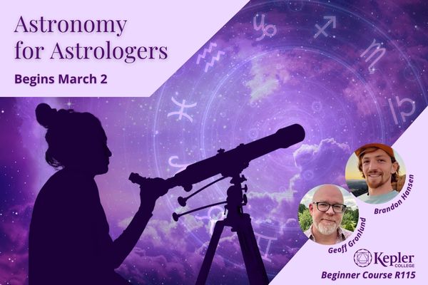 Silhouette of woman with telescope against purple night sky with stars, zodiac wheel with glyphs, portraits of Brandon Hansen and Geoff Gronlund, Kepler College logo