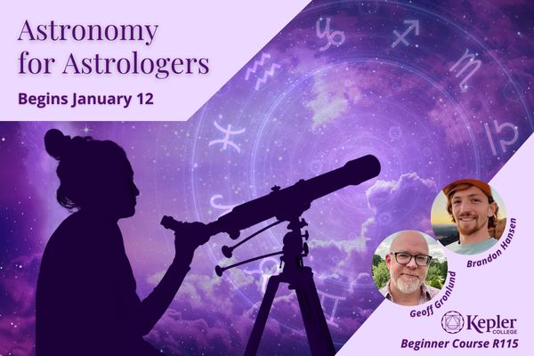 Silhouette of woman with telescope, night sky with stars and clouds, zodiac wheel, portraits of Brandon Hansen and Geoff Gronlund, Kepler College logo