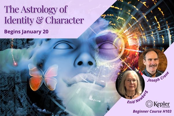 Ethereal cosmic face in clouds, circular energetic imprint, glowing butterfly, the soul entering through the astrology chart into 3d, portraits of Enid Newberg and Joseph Crane, Kepler College logo