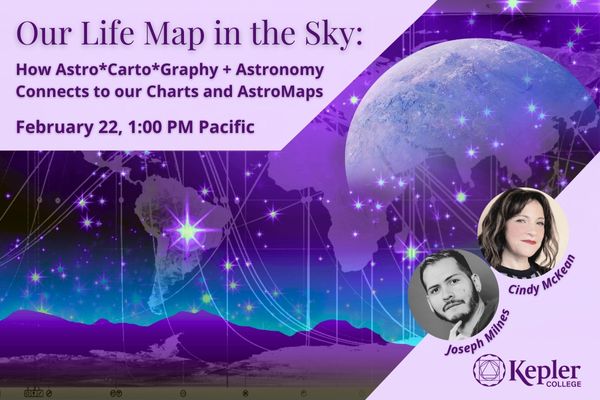 Desert mountain landscape with stars and moon in sky, shades of purple, AstroMap imposed on top with continents and planetary lines, portraits of Cindy McKean and Jospeh MIlnes, Kepler College logo