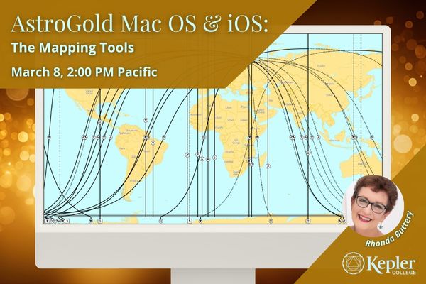 Computer screen with AstroGold mapping software showing continents and panetary lines, gold shimmery bokeh background, portrait of Rhonda Buttery, Kepler College logo